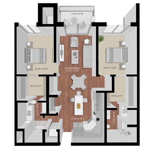 Floor plan for 2 beds, 2 baths, 1122 sqft